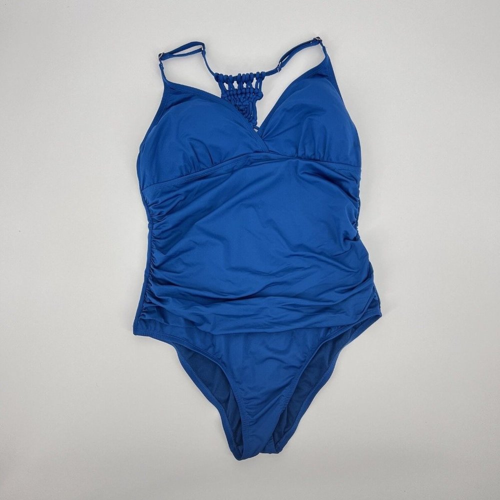Hilor Blue One Piece Swim Suit Adjustable Strap Macrame Back Size 16